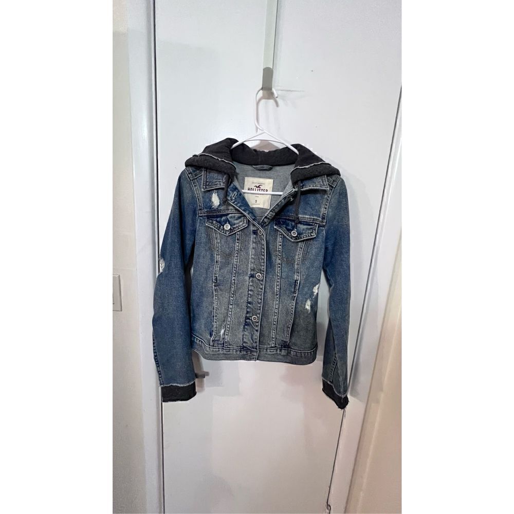 Hollister Women's Casual Biker Cotton Blend Hooded Denim Jacket Blue Gray Small - Picture 2 of 10